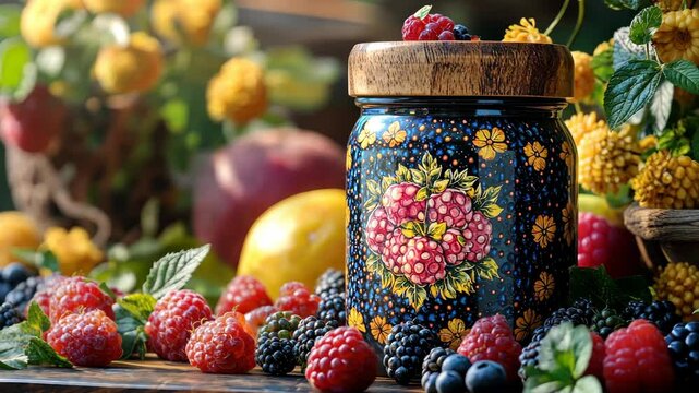 Vibrant fruit arrangement around mason jar with floral design in rustic setting