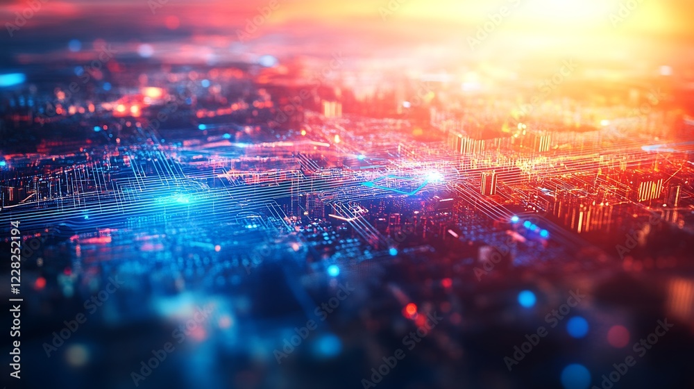 Aufkleber city business skyline with overlay of futuristic digital network map : generative ai