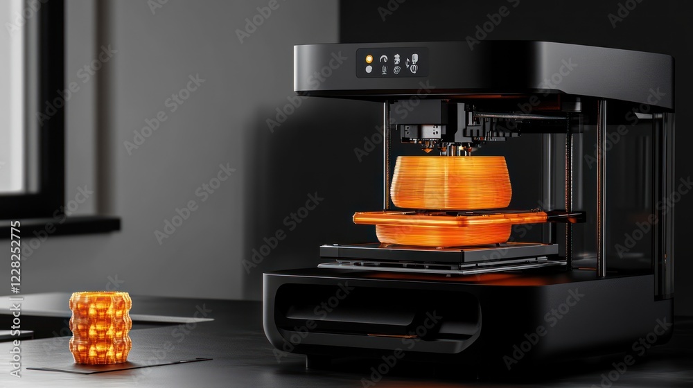 Poster modern 3d printer creating an orange glass object