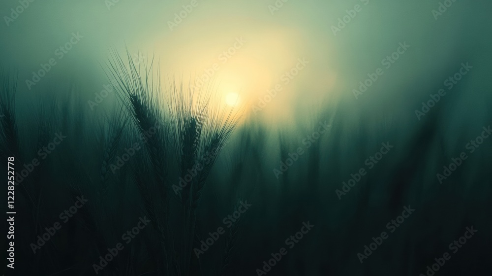 Aufkleber Sunlight breaking through wheat fields creating a serene atmosphere at dawn. Generative AI