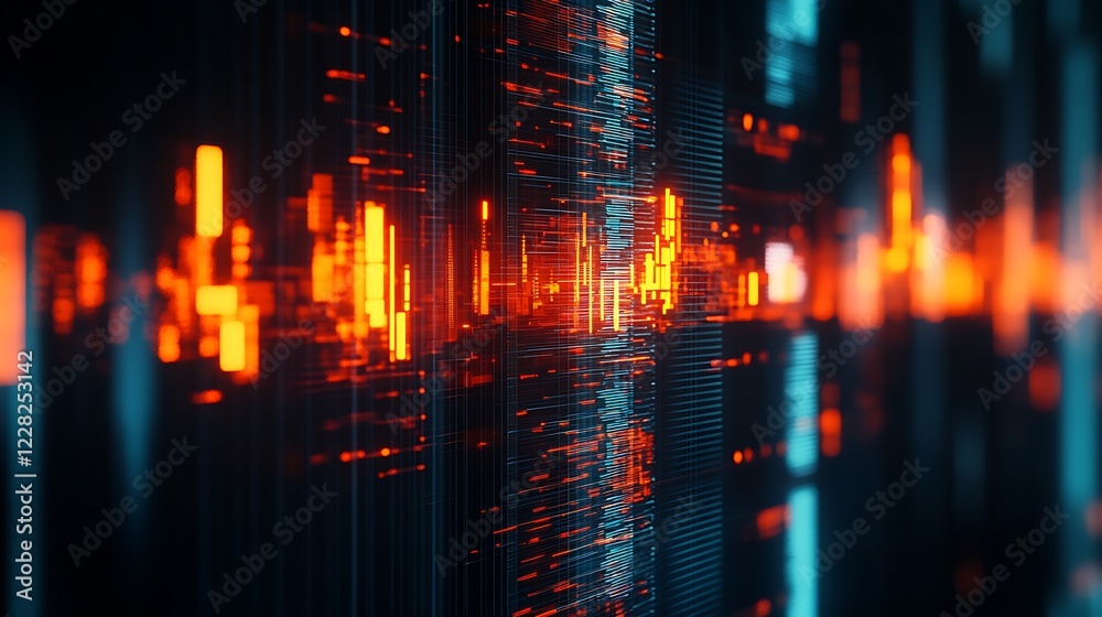 Poster Abstract Futuristic Digital Data Stream with Glowing Orange and Blue Lights : Generative AI