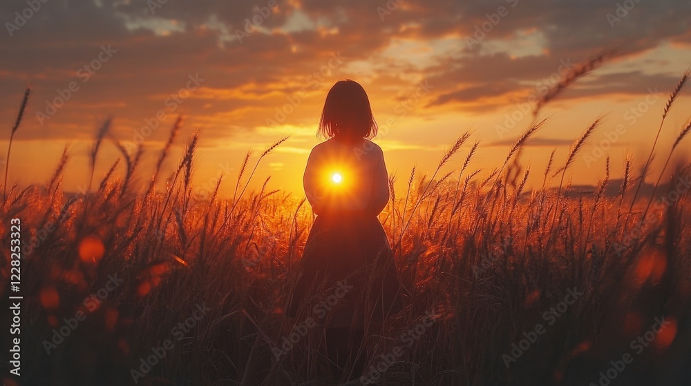 Poster natures golden embrace captured through golden wheat fields at sunset with a silhouette of a person.