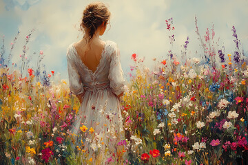 A graceful woman in a light dress enjoying a spring day in a beautiful outdoor setting