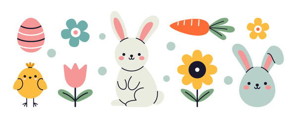 Vector set of cute kids Easter elements with colorful easter eggs, rabbits, chickens and flowers. Funny childish springtime clipart collection in flat design. Kawaii animals.