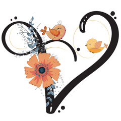 Alphabet letter V vector with flowers, birds and leaves. Ornament letters. Illustration letter V, Anniversary celebration.