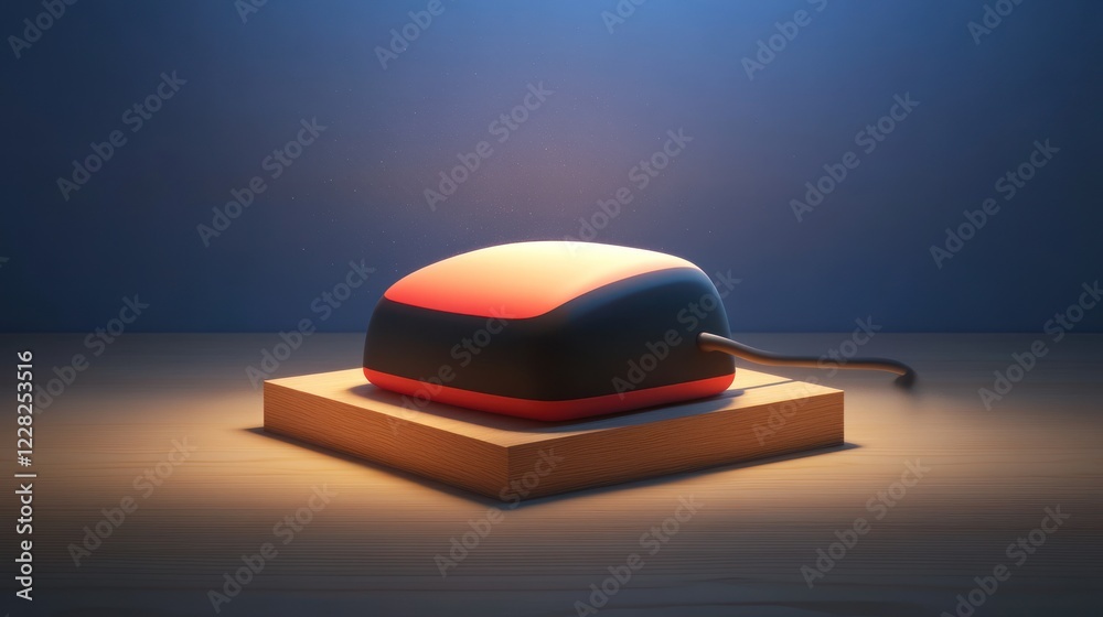 Poster illuminated device on wooden block in dark room