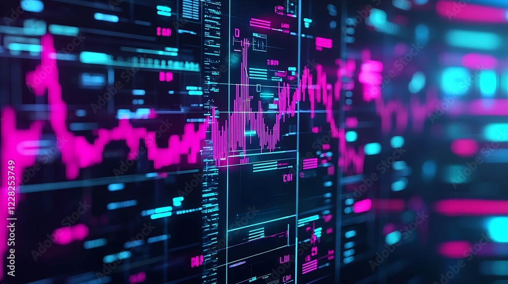 Poster Vibrant Digital Data Visualization with Dynamic Neon Light Patterns : Generative AI