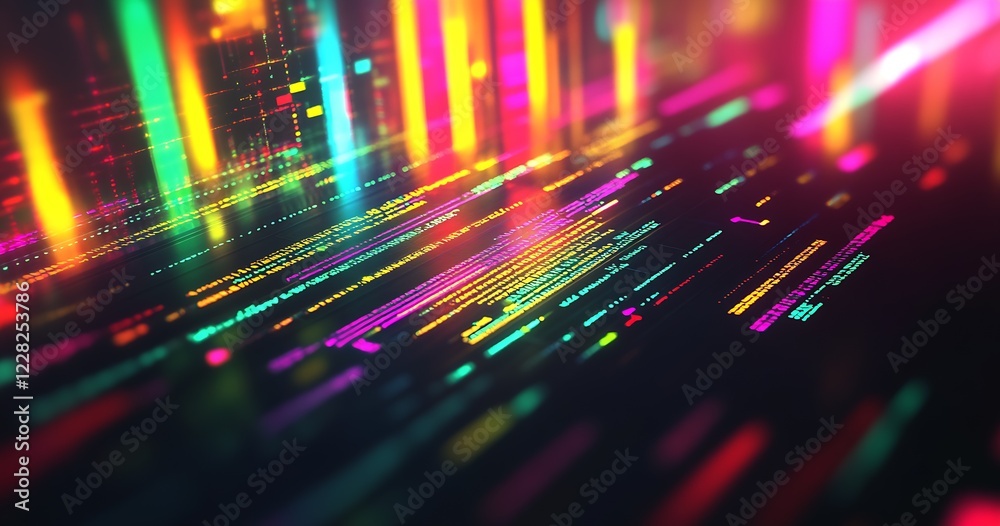 Poster Bright Neon Network Patterns on Digital Futuristic High-Tech Abstract Background : Generative AI