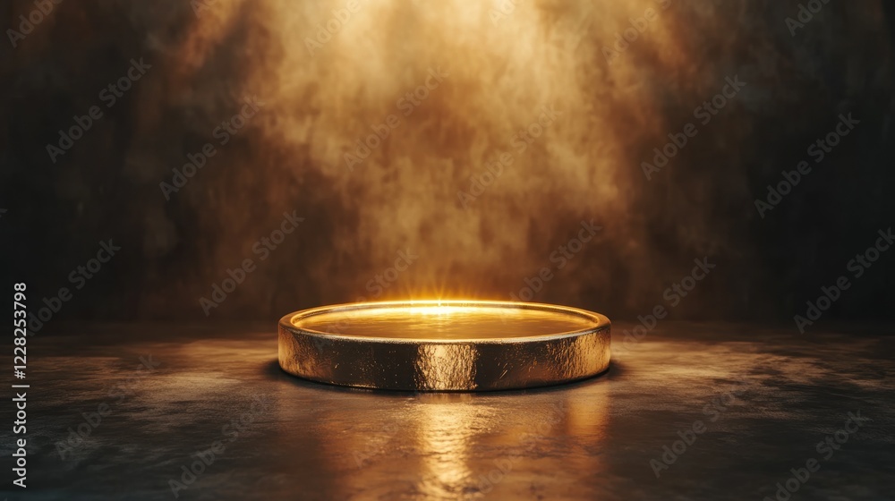 Poster golden circular platform illuminated against dark background