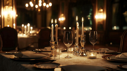 An elegant restaurant table setting with candles and fine dining plates