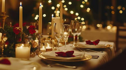 An elegant restaurant table setting with candles and fine dining plates