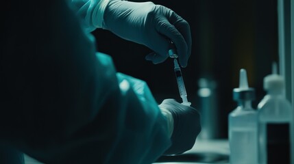 Gloved Hands Prepare a Medical Syringe for Injection
