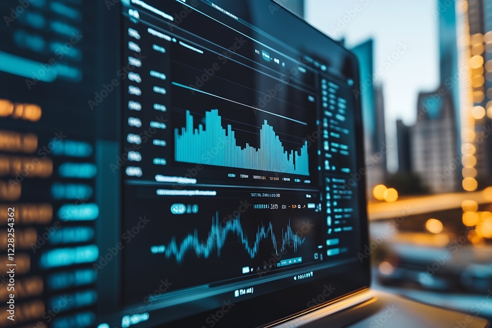 Poster high-tech financial trading display on laptop with urban backdrop at dusk : generative ai