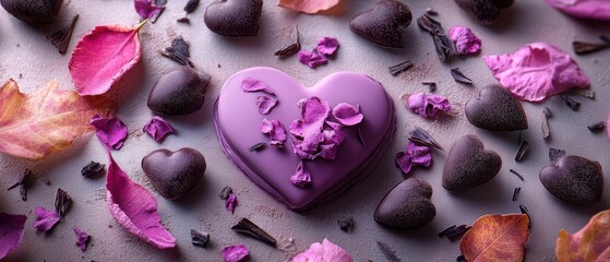 Naklejka premium Indulge in a romantic scene featuring a purple heart-shaped chocolate adorned with delicate pink flowers and petals, perfect for celebrating love.