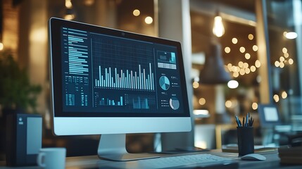 Sleek Office Environment with Computer Screen Showing Detailed Statistical Graphs : Generative AI