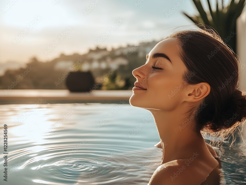 Poster woman enjoying relaxation in tranquil pool at sunset in a spa setting : generative ai