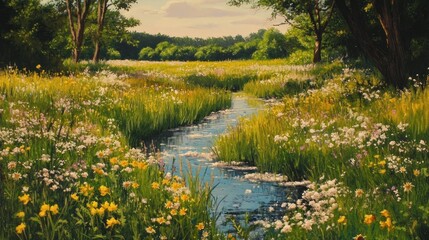 Fototapeta premium Serene Summer Stream Through Wildflower Meadow