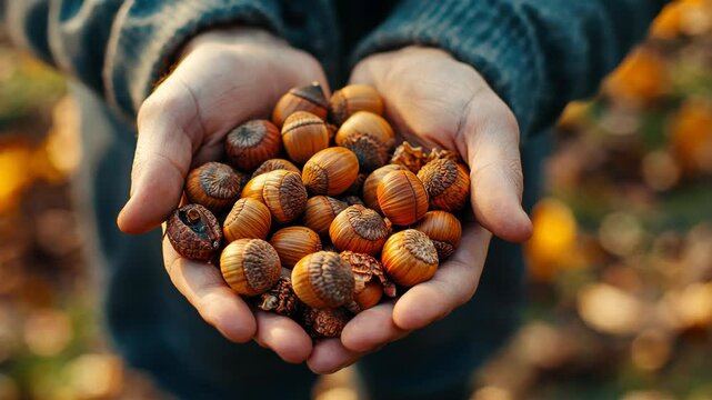 Closeup sequence of hands offering freshly gathered autumn acorns outdoors