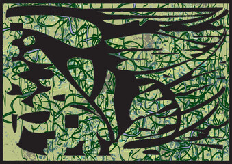 Chaotic forest motifs for interior solutions or fabrics. Dark textural background for camouflage uniform, business concepts, covers, scrapbooking, textiles, tiles, prints, dynamic posters, etc. Vector