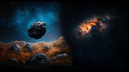 Asteroid field, nebula, space landscape, cosmic panorama, science fiction backdrop