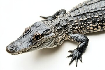 Fototapeta premium Saltwater crocodile portrait with mouth slightly open and attentive gaze on a white background