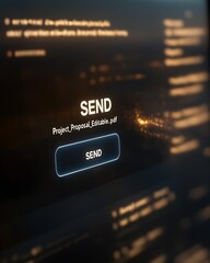Digital send button with document title on illuminated screen : Generative AI