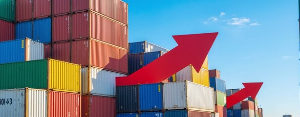 Shipping container with upward arrow: Symbol of rising trade volumes, increased imports and exports, and economic growth in global commerce