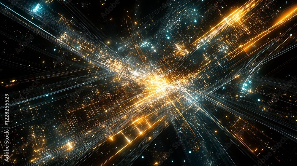 Poster bright and dynamic futuristic light trails in sci-fi orange and blue abstract theme : generative ai