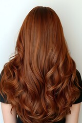 Naklejka premium Back view of long wavy copper red hair styled with soft curls showing professional salon result on light background, demonstrating modern hair coloring technique.