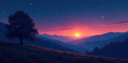 Fototapeta premium Softly glowing nightlight over a serene landscape, quiet space, stars