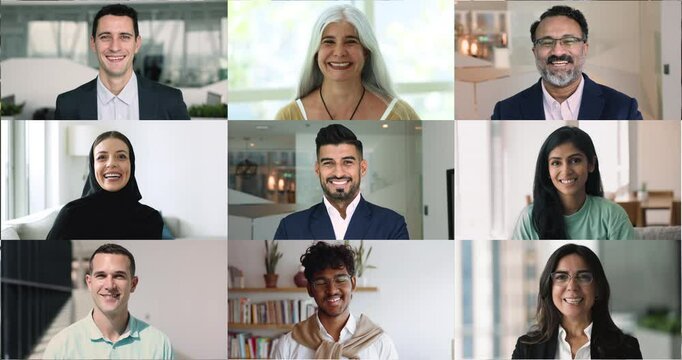 Zoom-out faces of multicultural people, diverse nationality, generation and complexion smiling, looking at camera indoors, head shot portraits, collage. Human difference, teleconference app user icons