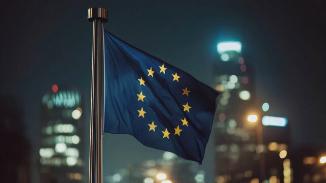 Illuminated European Union flag shining brightly at night against a dark sky - Powered by Adobe