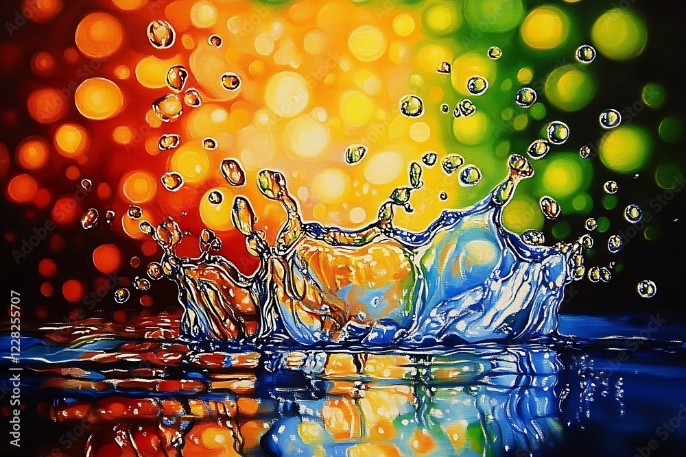 Poster colorful water motion in dynamic detail, vibrant splash effect with reflected light : generative ai