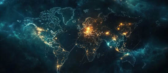 Fototapeta premium Global Network: A mesmerizing visualization of the interconnected world, showcasing the vibrant energy of human activity and technological advancements across continents.