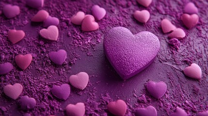 Fototapeta premium A delightful purple heart-shaped cake adorned with pink and purple hearts, perfect for celebrating love on Valentine's Day.