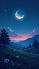 Softly glowing nightlight over a serene landscape, serenity, sleep