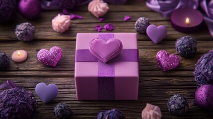 A vibrant purple gift box adorned with a heart-shaped decoration, nestled among delightful pink and purple accents, radiates love and joy this Valentine's Day.