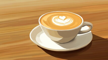 A Latte Art Coffee Cup Sits On Wooden Table