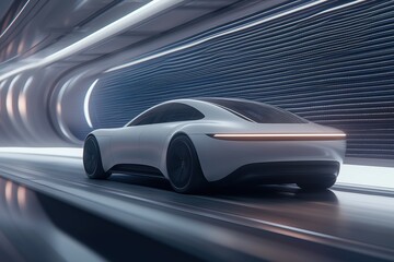 Futuristic white electric car driving through a sleek modern tunnel. Concept of innovation and sustainable transport