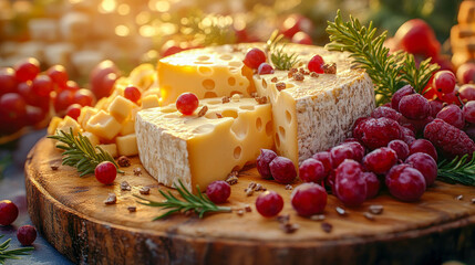 A cheese board featuring gourmet cheese, fresh grapes, and festive decorations, served on a rustic wooden platter under warm sunlight