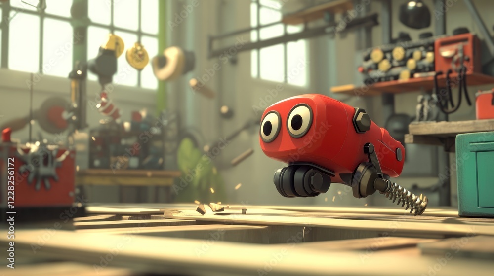 Poster Red Robot Moving Through Workshop Environment
