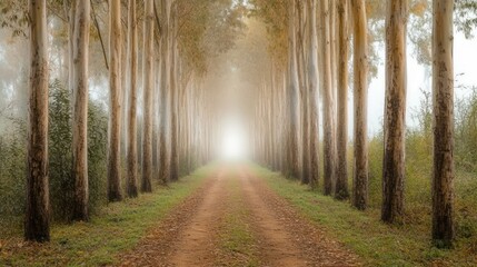 Naklejka premium Foggy Pathway Through A Line Of Trees