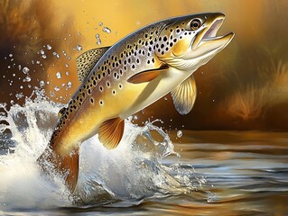 Dynamic Illustration of a Jumping Brown Trout in Natural Waterscape Art : Generative AI