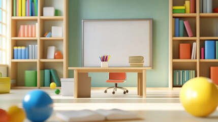 Bright Childrens Classroom With Books And Desk