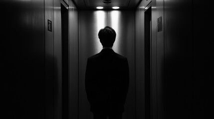 Man in Suit Stands in a Dark Elevator