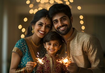 Obraz premium Happy South Asian family celebrating Diwali festival with sparklers, wearing traditional ethnic attire against blurred festive lights background.