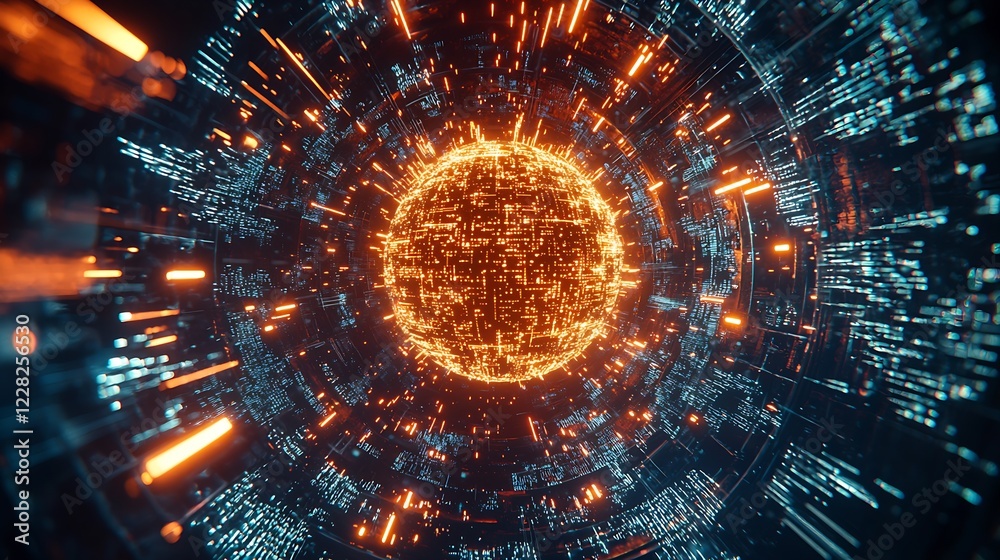 Poster Futuristic Radiant Sphere in Dynamic Sci-Fi Tunnel with Glowing Data Streams : Generative AI