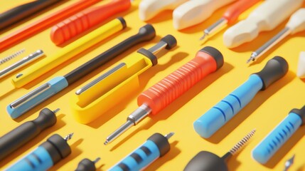 Colorful Tools Arranged on Yellow Background