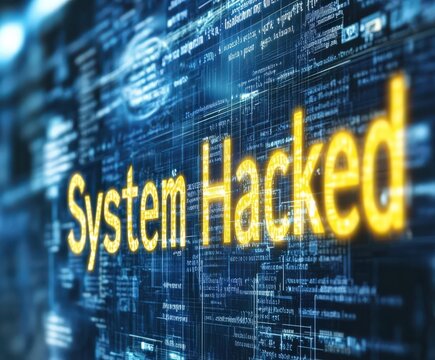 System hacked message displayed on a digital interface with code background