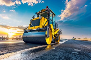 Road roller on new asphalt highway under blue sky. Neural network AI generated